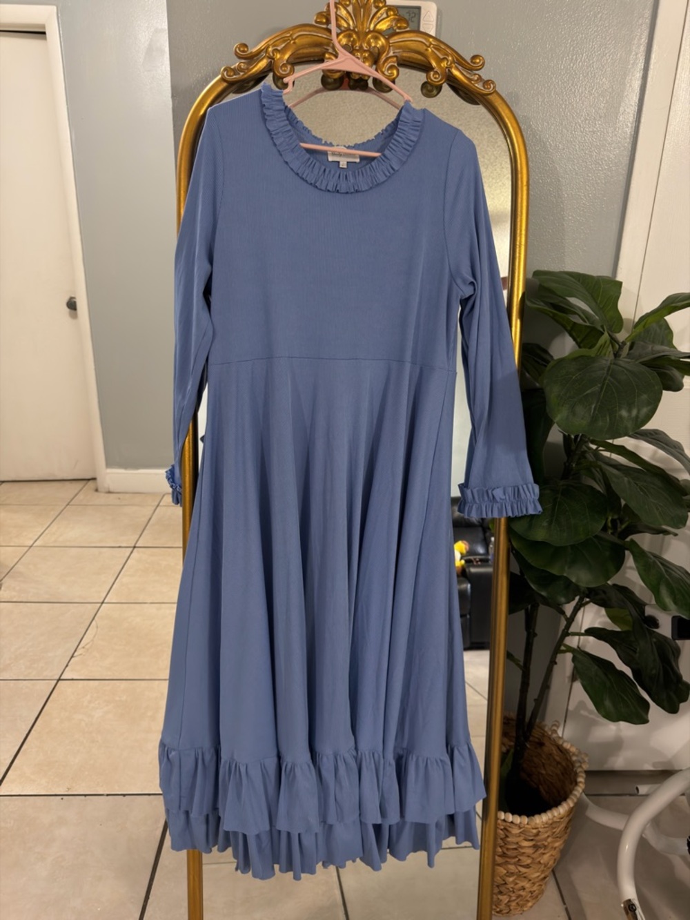 Dainty Jewells Ruffled Neck Pleated Top - Dusty Blue
